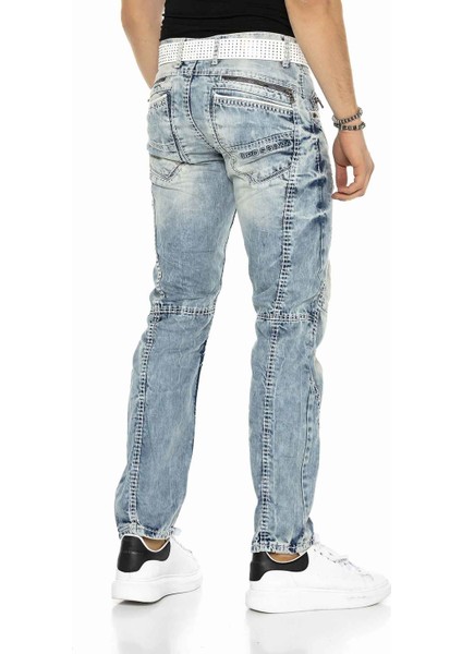 C-0894A Dikişli Eskitilmiş Mavi Erkek Kot Pantolon