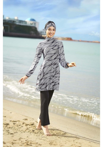Kadın Çizgi Desenli Esnek Tam Kapalı Büyük Beden Tesettür Mayo - Siyah