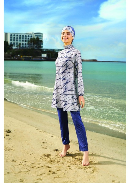 Kadın Çizgi Desenli Esnek Tam Kapalı Tesettür Mayo - Lacivert