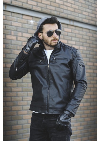Tuci Cesar Slim Fit Kapüşonlu Deri Ceket