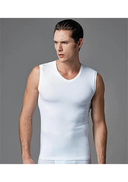 Ers006 Compact Erkek V Yaka Atlet Kolsuz Erkek T-Shirt (Ikili Paket) - Beyaz