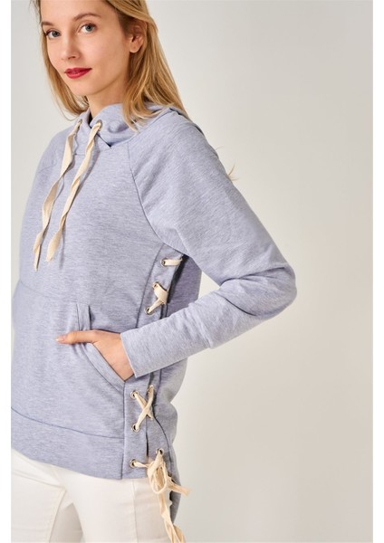Kadın Yanı Uzun Bağcıklı Kapüşonlu Sweatshirt fiyatları