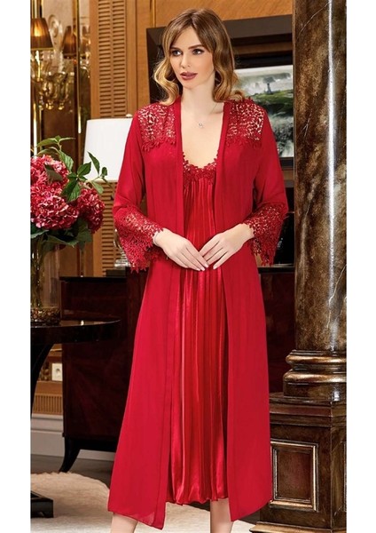 627 Çeyizlik Ipek Saten Dantelli Uzun Altılı Set - Bordo