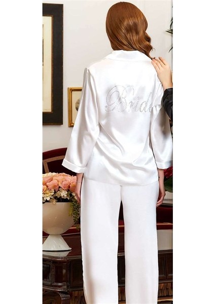 6523 Çeyizlik Ipek Saten Bride Pijama Takımı - Krem