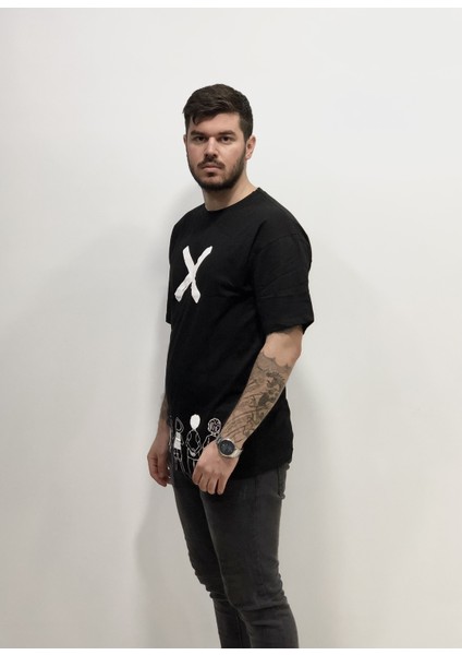 x Dijital Baskı Oversize Yeni Sezon Pamuk Erkek Siyah Tşört