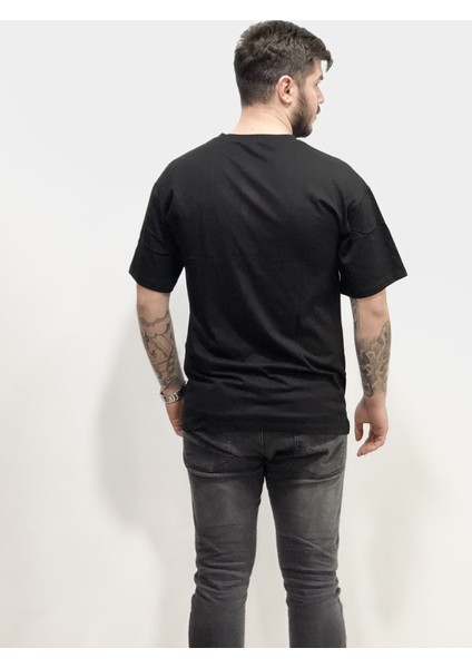 x Dijital Baskı Oversize Yeni Sezon Pamuk Erkek Siyah Tşört