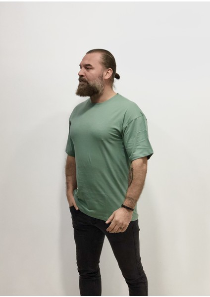Soft Yeşil Oversize Dirsek Kol Bol Kesim Sık Dokuma Yeni Sezon Erkek Tşört