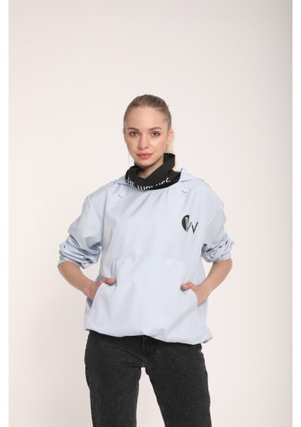 Snood Yaka Toz Mavisi Kapüşonlu Kadın Sweatshirt