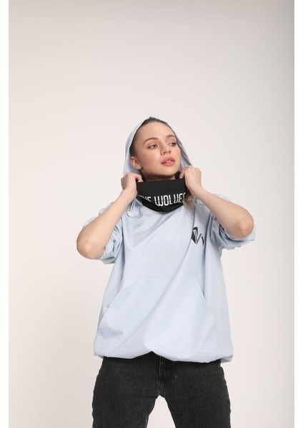 Snood Yaka Toz Mavisi Kapüşonlu Kadın Sweatshirt modelleri