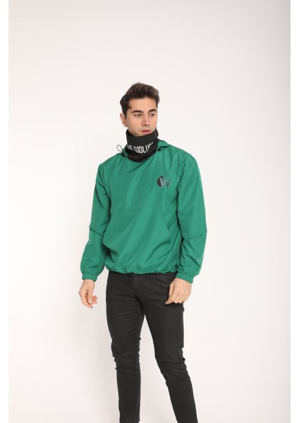 Snood Yaka Çimen Yeşili Kapüşonlu Erkek Sweatshirt