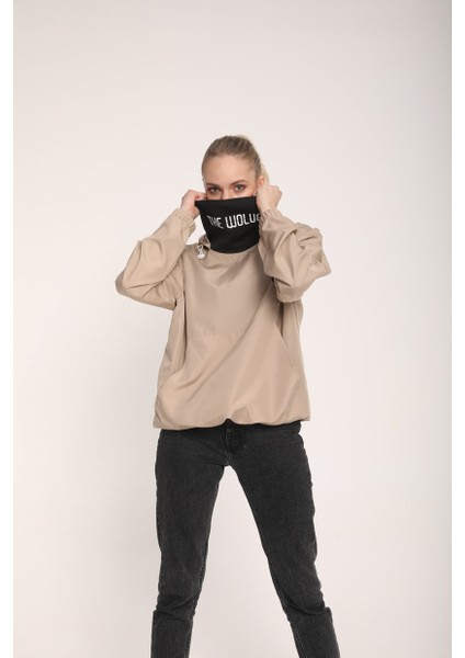 Snood Yaka Şampanya Rengi Kapüşonlu Kadın Sweatshirt