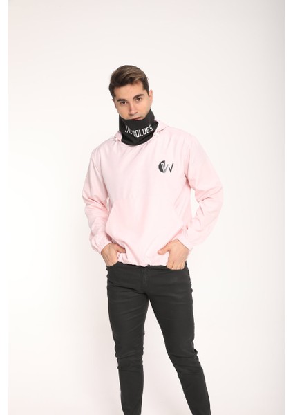 Snood Yaka Toz Pembesi Kapüşonlu Erkek Sweatshirt