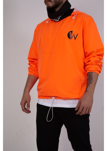Snood Yaka Neon Turuncu Kapüşonlu Erkek Sweatshirt