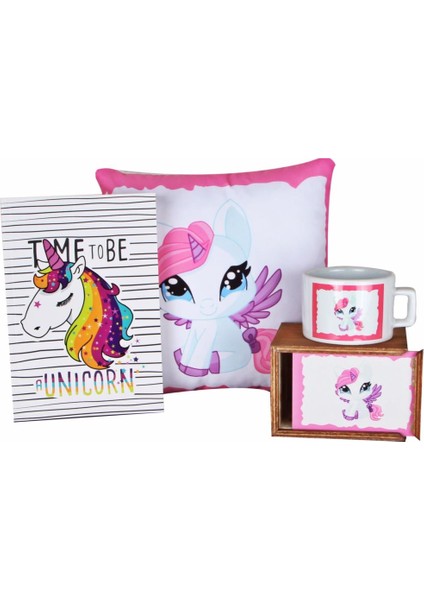 Papçik Unicorn Puf Yastık Unicorn Doğal Ahşap Kutulu Kupa Unicorn Defter Hediye Seti