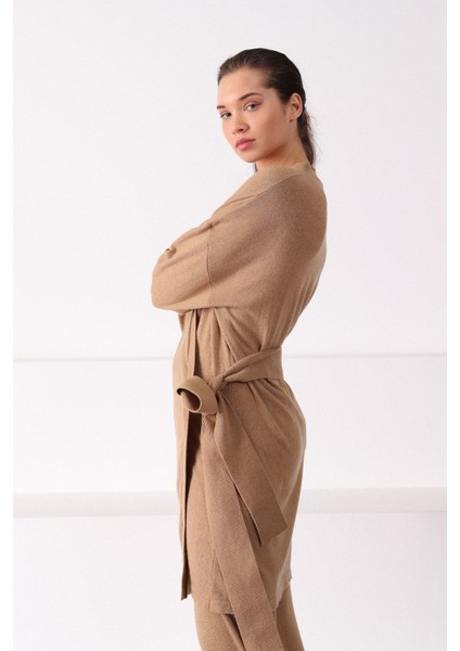 Camel Paçası Lastikli Kaşmirli Kadın Triko Pantolon