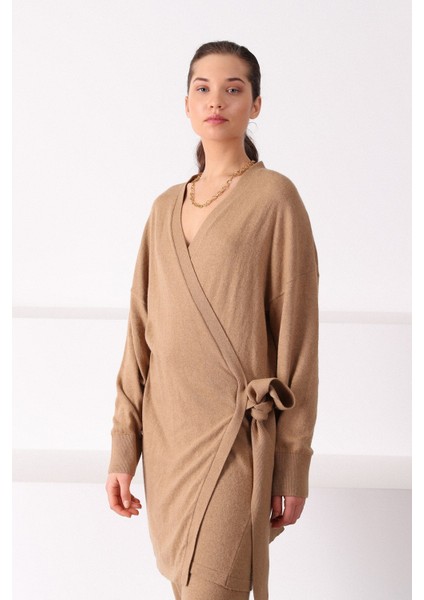 Camel Paçası Lastikli Kaşmirli Kadın Triko Pantolon