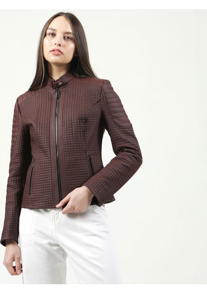 YB-1055/P Gummy Petek Desen Deri Kadın Mont