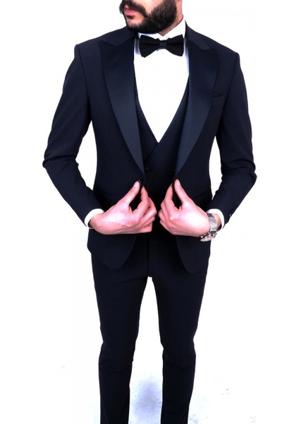 Slimfit Sivri Yaka Damatlık Takım Ceket - Yelek - Pantolon - Gömlek - Papyon