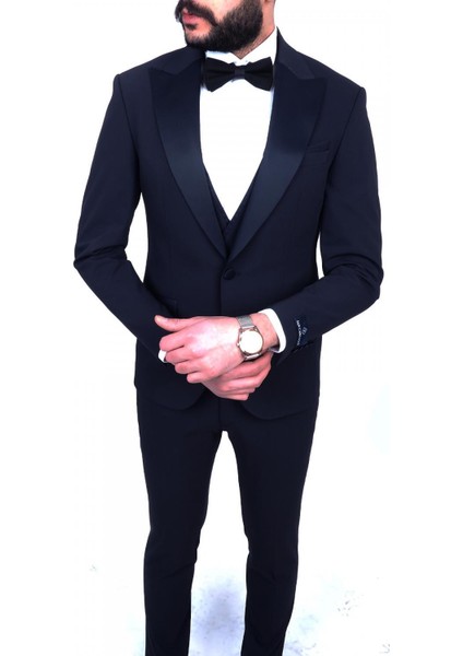 Slimfit Sivri Yaka Damatlık Takım Ceket - Yelek - Pantolon - Gömlek - Papyon