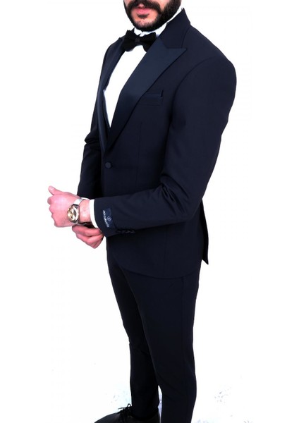 Slimfit Sivri Yaka Damatlık Takım Ceket - Yelek - Pantolon - Gömlek - Papyon