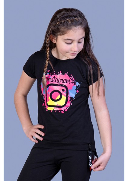 Kız Çocuk Renkli Instagram Baskılı T-Shirt