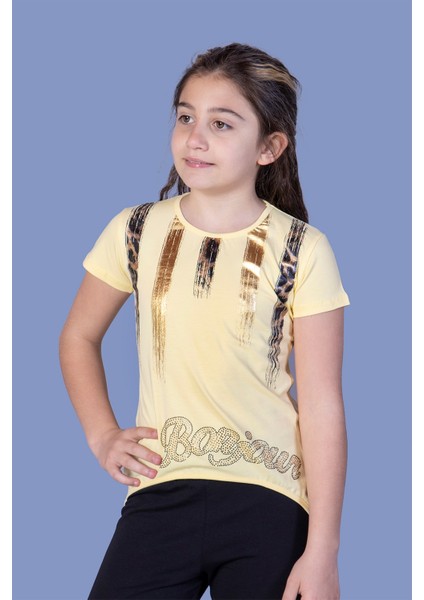 Kız Çocuk Varak Baskılı Taş Işlemeli T-Shirt