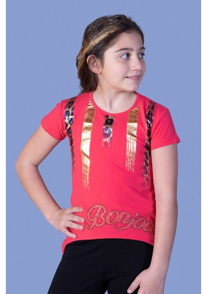 Kız Çocuk Varak Baskılı Taş Işlemeli T-Shirt