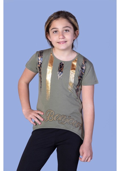 Kız Çocuk Varak Baskılı Taş Işlemeli T-Shirt