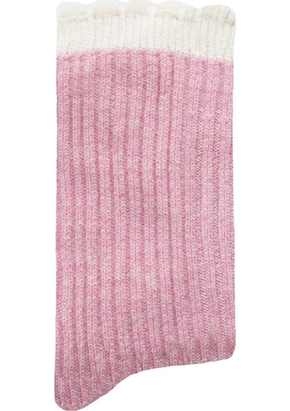 Kalın Kışlık Yün ve Kaşmir Karışımlı Krem/pembe Bileği Dilimli Kadın Çorabı