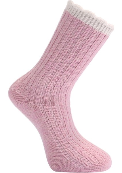 Kalın Kışlık Yün ve Kaşmir Karışımlı Krem/pembe Bileği Dilimli Kadın Çorabı
