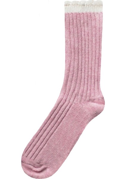 Kalın Kışlık Yün ve Kaşmir Karışımlı Krem/pembe Bileği Dilimli Kadın Çorabı