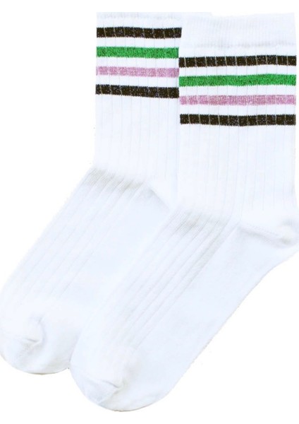 Yeşil/pembe Simli Çizgili Beyaz Tenis Çorabı