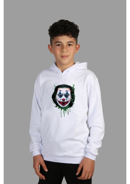 Çocuk Beyaz Kapüşonlu Sweatshirt Dijital Baskılı