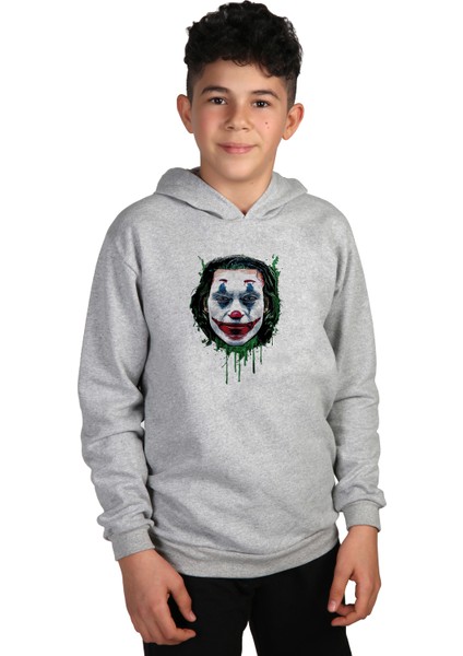 Çocuk Gri Melanj Kapüşonlu Sweatshirt Dijital Baskılı