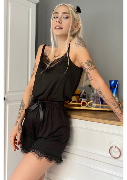 Pegasus Dantel Detaylı Ip Askı Şortlu Örme Pijama Takımı