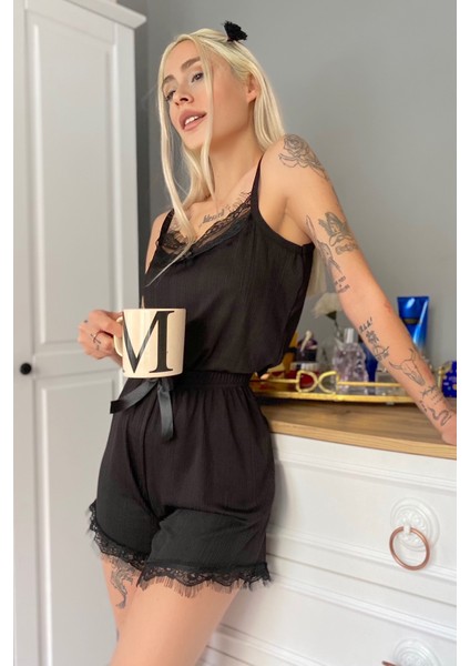 Pegasus Dantel Detaylı Ip Askı Şortlu Örme Pijama Takımı