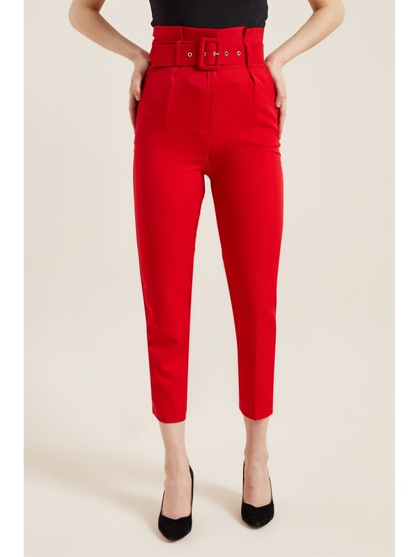 Z Giyim Kadın Kırmızı Kemerli Yüksek Bel Kumaş Pantolon