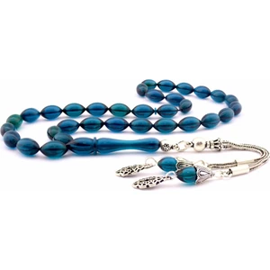 925 Ayar Gümüş Püsküllü Petrol Mavisi Sıkma Kehribar Tesbih