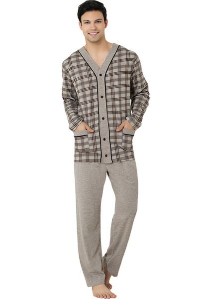 2710 Melanj Önden Açık Uzun Kollu Erkek Pijama Takımı