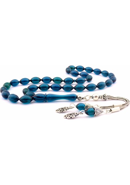 925 Ayar Gümüş Püsküllü Petrol Mavisi Sıkma Kehribar Tesbih