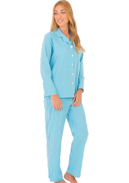 TheDON Mavi Beyaz Kareli Poplin Bayan Pijama Takımı