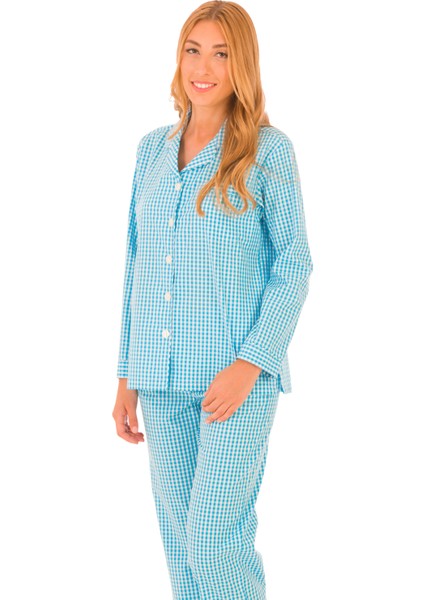 TheDON Mavi Beyaz Kareli Poplin Bayan Pijama Takımı