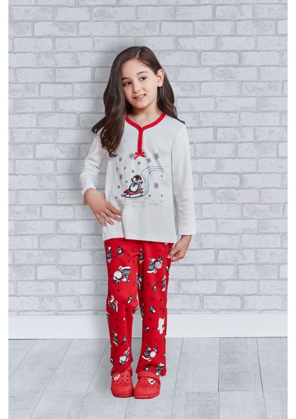 Uzun Kollu Kız Çocuk Pijama Takımı Krem
