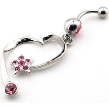 Solfera Pembe Taşlı Kalp Yıldız Cerrahi Çelik Göbek Piercing P424