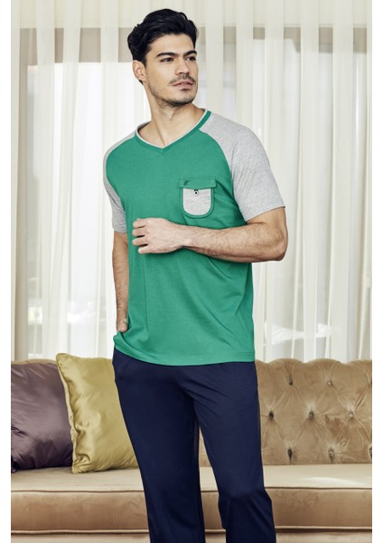 Erkek 3'lü Pijama - Şort Takımı Yeşil