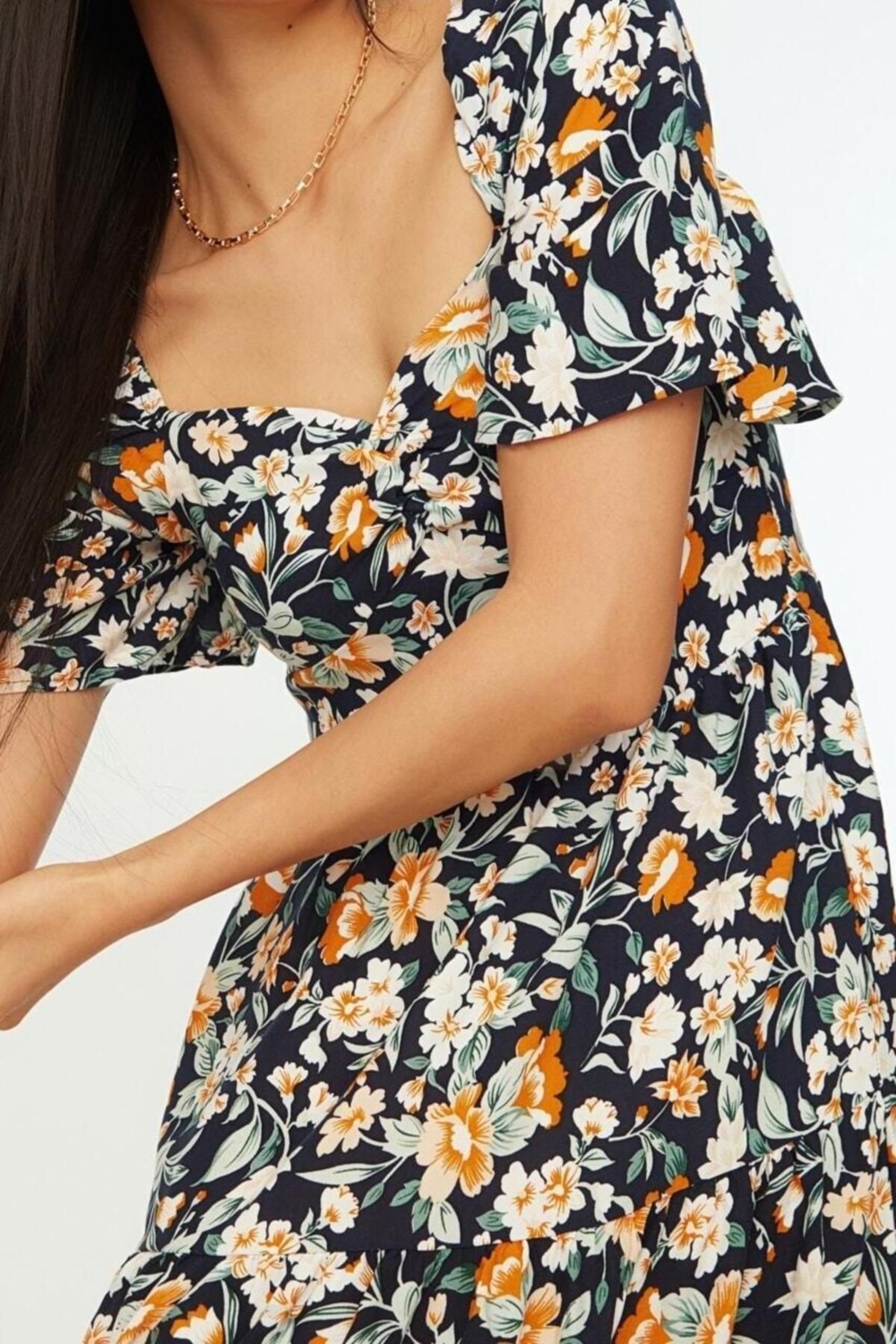 Moda Regular Casual Günlük Shally Dokuma Kalp Yaka Kısa Kol A-Line Midi Boy Elbise