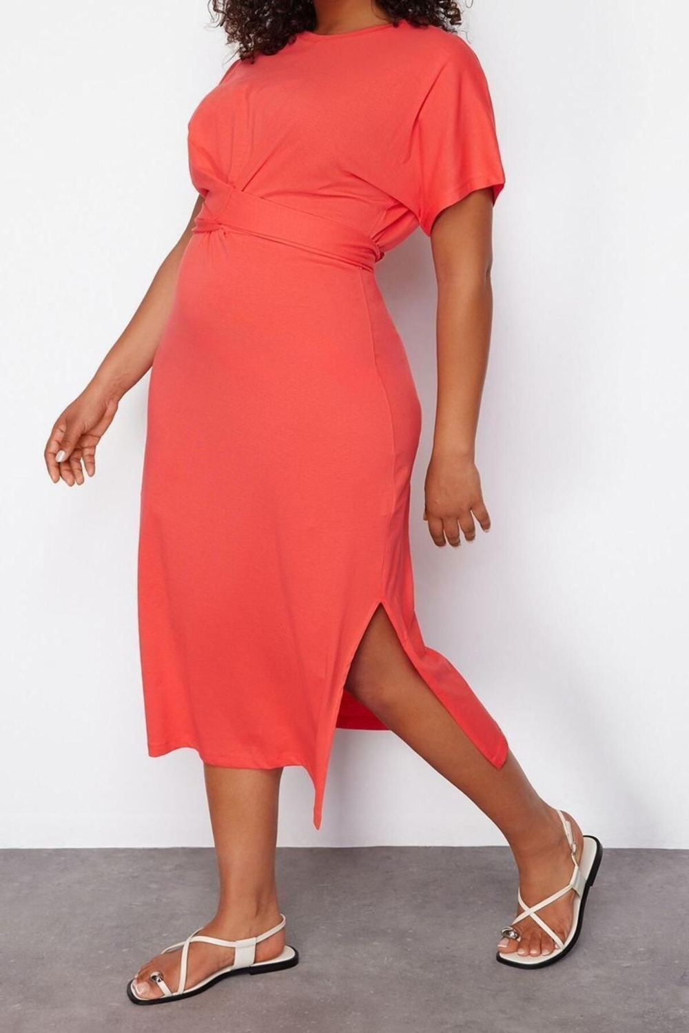 Moda Slim Casual Günlük Süprem Örme Bisiklet Yaka Kısa Kol Shift Midi Boy Büyük Beden Elbise
