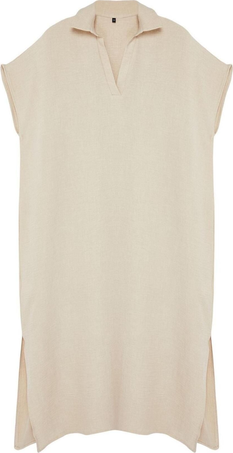 Moda Oversize Günlük Keten Görünümlü Dokuma Gömlek Yaka Kısa Kol A-Line Midi Boy Büyük Beden Elbise