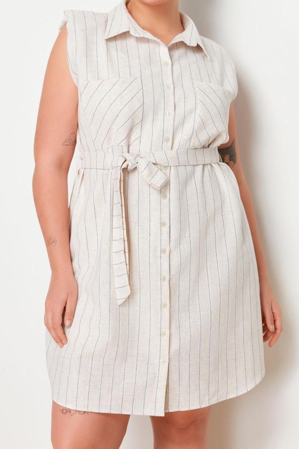 Moda Fit Casual Günlük KetenDokuma Gömlek Yaka Kolsuz Kol Gömlek Elbise Midi Boy Büyük Beden Elbise