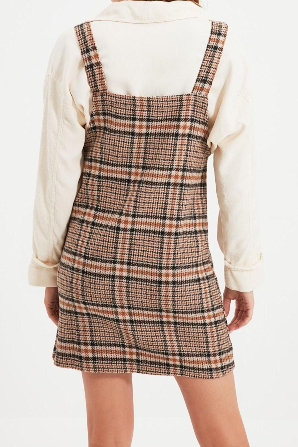 Moda Fit Casual Günlük Flanel Dokuma Kare Yaka Askılı Kol Jile Mini Boy Elbise
